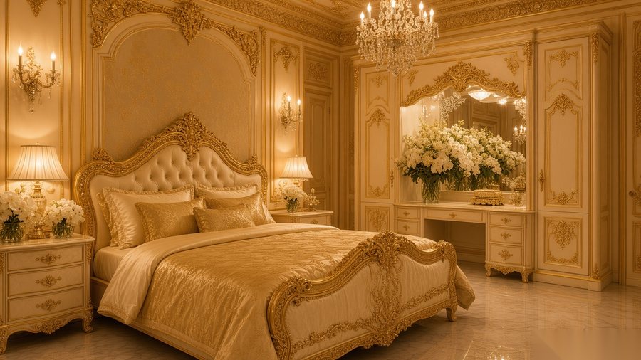 The French Master suite with carved bed and dressing room
