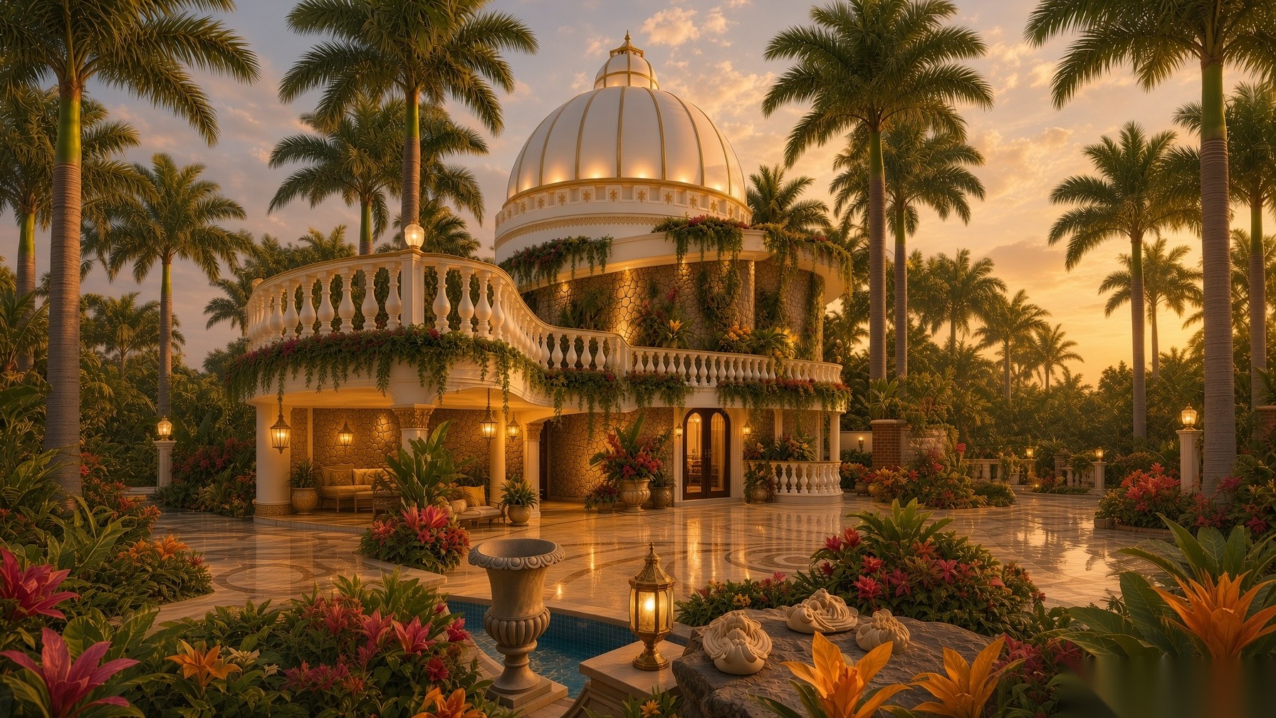 The illuminated dome and gardens of The First King Manor at sunset