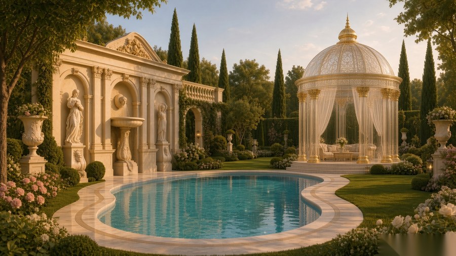 The pool and glass-domed gazebo